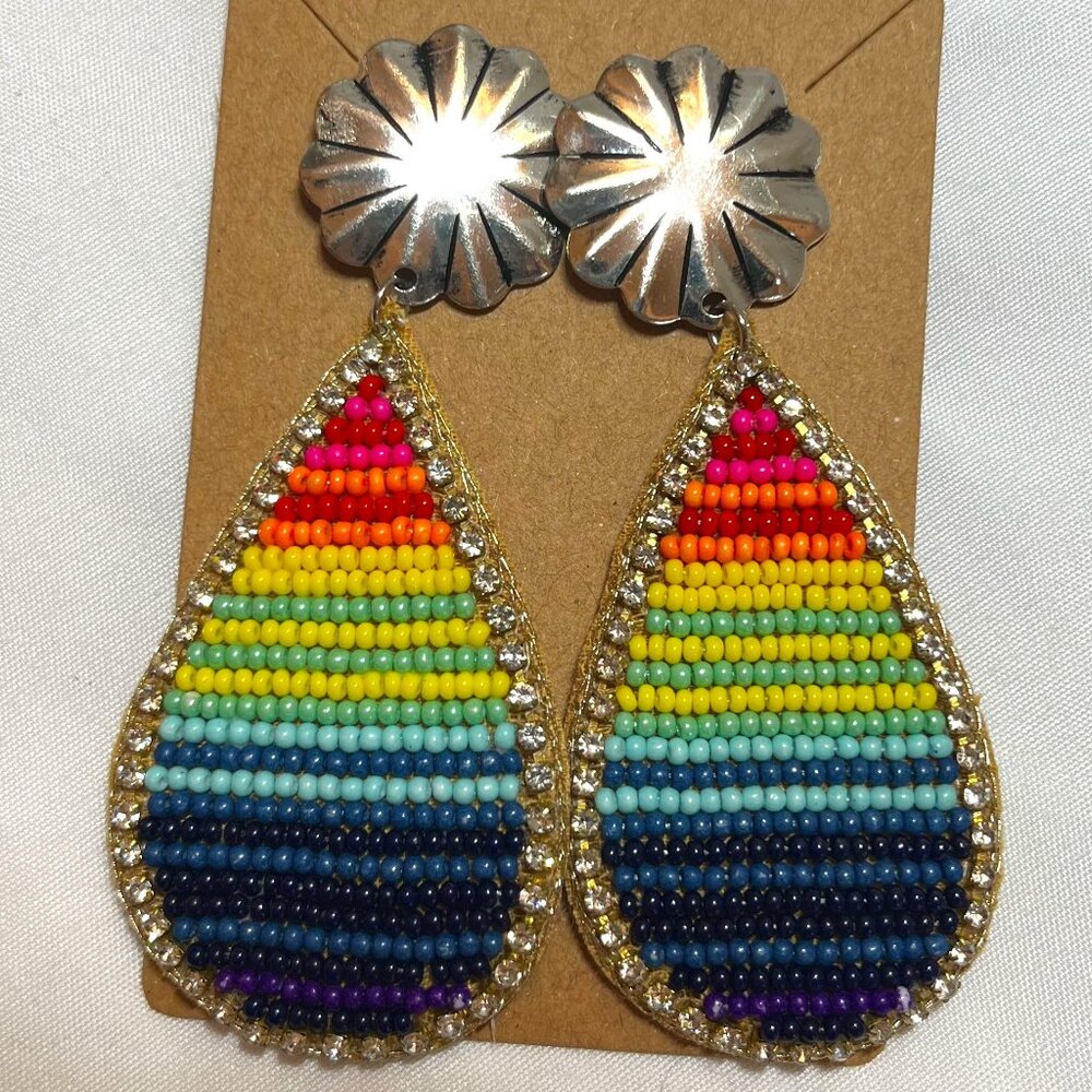 Handmade Fiesta Beaded Earrings with Silver Disc
